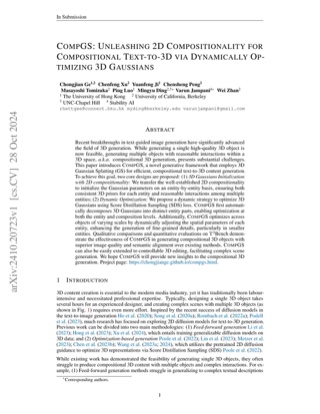 First page of CompGS: Unleashing 2D Compositionality for Compositional Text-to-3D via Dynamically Optimizing 3D Gaussians